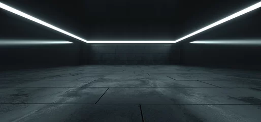 Elegante große Halle Beton glänzend unterirdischer Ausstellungsraum Garage Galerie Flur Tunnel Korridor Studio weiße Lichter Streifen leer dunkel Grunge 3D-Rendering © IM_VISUALS