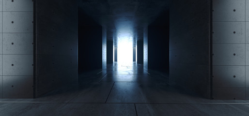 Modern Futuristic Sci Fi Concrete Grunge Reflective Tiled Floor Columns Hallway Garage Underground White Glow Asphalt Room Gallery Elegant 3D Rendering