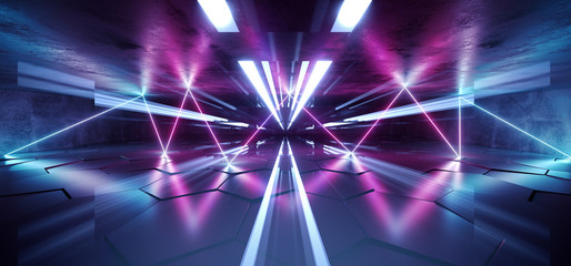 Future Cyberpunk Underground Neon Glowing Laser Blue Purple Lights  Garage Tunnel Studio Asphalt Reflective Tiled Floor Hall Windows Empty Corridor 3D Rendering