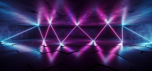 Future Cyberpunk Underground Neon Glowing Laser Blue Purple Lights  Garage Tunnel Studio Asphalt Reflective Tiled Floor Hall Windows Empty Corridor 3D Rendering