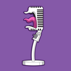 Cartoon character retro microphone screams, sing. vector image.
