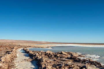 The Lagunas Escondidas (hidden altiplanic lagoons) of Baltinache : salt lakes in Salar of Atacama desert, Chile