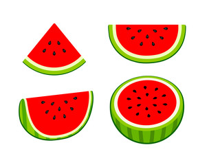 cut half watermelon, quarter of watermelon, slice of watermelon, fruit vector illustration