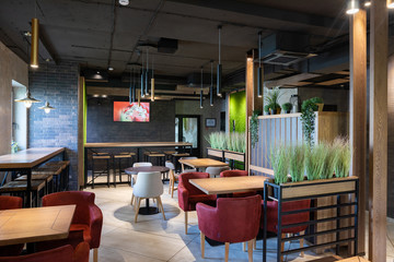 Minsk, Belarus - April 26, 2019: interior shot of stylish restaurant