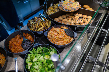 Minsk, Belarus - May 29, 2019: close shot of show-windows with food in self-service zone of restaurant