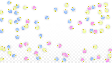 Vector Realistic Colorful Petals Falling on Transparent Background.  Spring Romantic Flowers Illustration. Flying Petals. Sakura Spa Design. Blossom Confetti. Design Elements for Wedding Decoration.