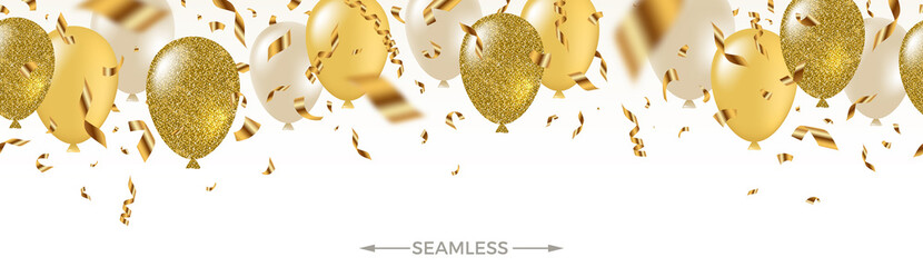 Celebratory seamless banner - white, yellow, glitter gold balloons and golden foil confetti. Vector festive illustration. Holiday design. - obrazy, fototapety, plakaty