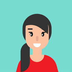 smiling girl avatar. cute smiling woman with black hair. flat icon on blue background.