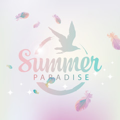 Fototapeta na wymiar Vector travel banner with seagull and words Summer Paradise on abstract pink background with bird feathers and glares. Summer poster, flyer, invitation or card