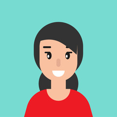 smiling girl avatar. cute smiling woman with black hair. flat icon on blue background.