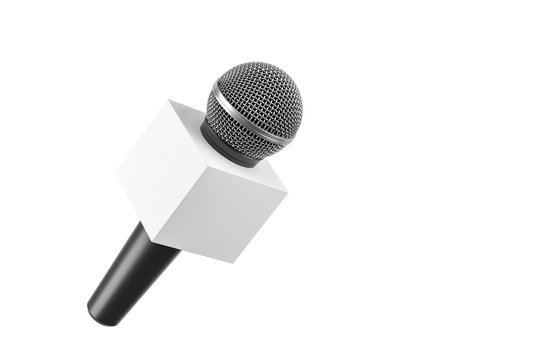 Black microphone with blank box isolated over white background.