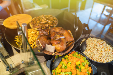 Minsk, Belarus - May 29, 2019: close shot of show-windows with food in self-service zone of...