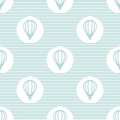 blue hot air baloons line silhouettes on blue striped background. Flat cartoon vector ornament.