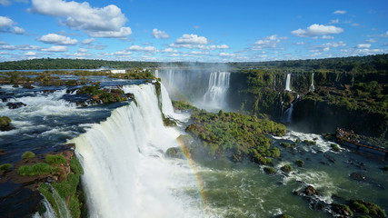 Iguazu Falls and rainbow on the Iguacu River. Located between Argentina and Brazil. Largest waterfalls system in the world.