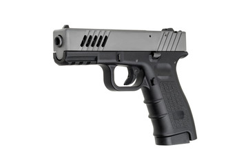 Modern black-gray gun isolate on white background.