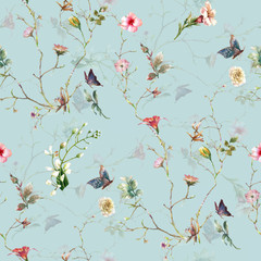 Watercolor painting of leaf and flowers, seamless pattern
