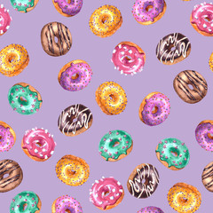 Set of watercolor hand drawn sketch illustration of colorful glazed donuts isolated on violet background. Seamless pattern