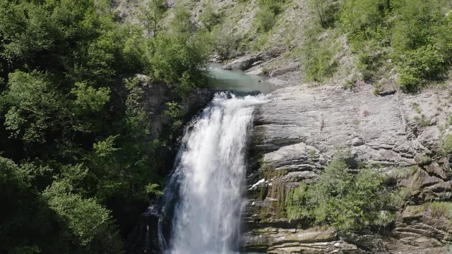 Aerial shot of Golfarone Waterfall along Secchiello stream in Val d&rsquo;Asta in Reggio Emilia in Italy.