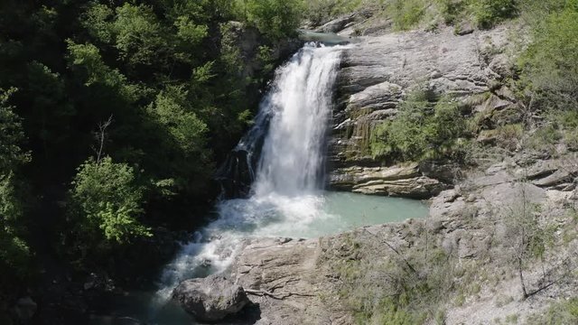 Aerial shot of Golfarone Waterfall along Secchiello stream in Val d&rsquo;Asta in Reggio Emilia in Italy.