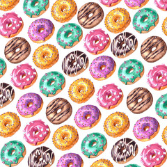 Watercolor hand drawn sketch illustration of colorful glazed donuts isolated on white background