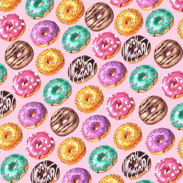 Watercolor hand drawn sketch illustration of colorful glazed donuts isolated on pink background
