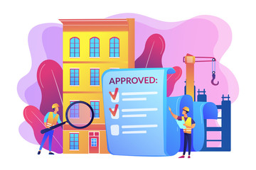 Architectural project approval, safety check. Construction quality control, construction quality management, hire your quality technician concept. Bright vibrant violet vector isolated illustration