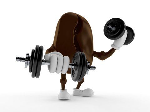 Coffee bean character with dumbbells