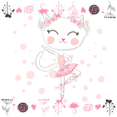 Hand drawn beautiful, lovely, little ballerina with cat.