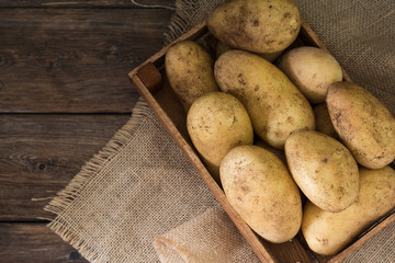 Potatoes in a box on a wooden table. Rustic style