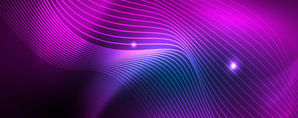 Smooth wave lines on blue neon color light background. Glowing abstract wave on dark, shiny motion, magic space light