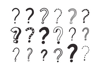 Collection of doodle drawings of question marks. Bundle of interrogation points hand drawn with black contour lines on white background. Riddle or challenge symbols. Monochrome vector illustration.