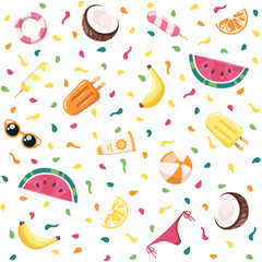 Seamless summer pattern. Bright colorful citrus fruits, ice-cream, coconut, watermelon, banana. Yellow, red, orange colors. Simple modern design. Tropical background. Flat style vector illustration.