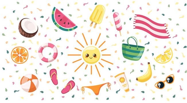 Summer elements. Bright colorful beach elements, citrus fruits, ice-cream, coconut, watermelon, banana. Yellow, red colors. Simple modern design. Tropical background. Flat style vector illustration.