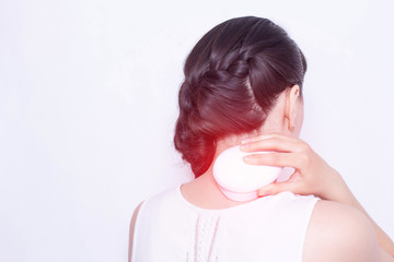 The girl treats the cervical spine with physiotherapy, magnet therapy, copy space, medical,...