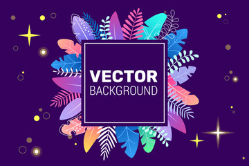 Cosmos illustration in trendy flat style on blue background and bright gradient colors. Background for text in form of square. Space plants, leaves in colorful tones. For banners, posters, placards