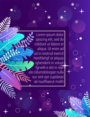Illustration in trendy flat style and vibrant gradient colors with dark blue background for text. Space plants, leaves in blue tones. for banner, greeting card, poster