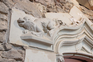 sculptured lion in a medieval castle in Baugé (France) 