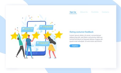 Website template with people leaving five star rating and giant smartphone. Customer experience, positive feedback, service review or evaluation. Modern flat vector illustration for advertisement.