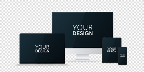 Gadgets, devices set. Phone, laptop, pc monitor, computer, tablet. Flat style border. Realistic concept with empty screen. Simple modern colorful design. Black and white colors. Vector illustration.
