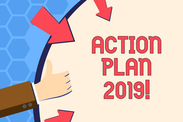 Writing note showing Action Plan 2019. Business concept for Challenge Ideas Goals for New Year Motivation to Start