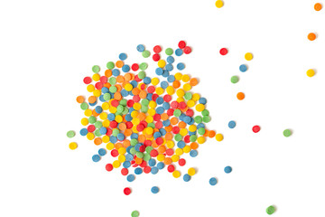Сolorful round sprinkles or sugar confetti on white background. Sugar sprinkle dots, decoration for cake and bakery. 