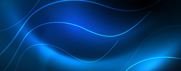 Trendy neon blue abstract design with waves and circles. Neon light glowing effect. Abstract digital background.