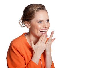 Portrait of happy young woman on white background