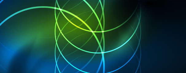 Trendy neon blue abstract design with waves and circles. Neon light glowing effect. Abstract digital background.