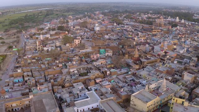 Vrindavan, city of 5000 temples. India, 4k aerial 