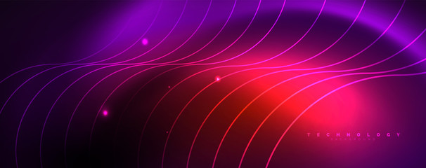 Shiny neon lights, dark abstract background with blurred magic neon light curved lines