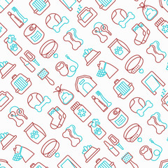 Dog shop seamless pattern with thin line icons: bags for transportation, feeders, toys, doors, dental hygiene, muzzle, snacks, hygienic bags, collar, haircare. Vector illustration for packaging