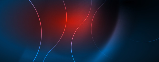 Trendy neon blue abstract design with waves and circles. Neon light glowing effect. Abstract digital background.