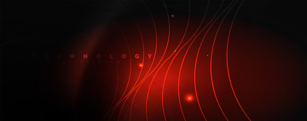 Dark abstract background with bright color neon lights and lines. Glowing background