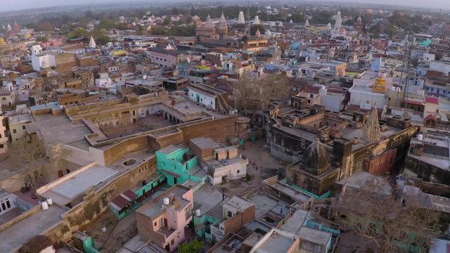 Vrindavan, city of 5000 temples. India, 4k aerial 